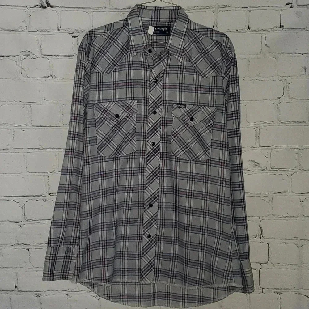 Men’s Wrangler Wrancher Pearl Snap Long Sleeve Gray Plaid Flannel Shirt Sz M